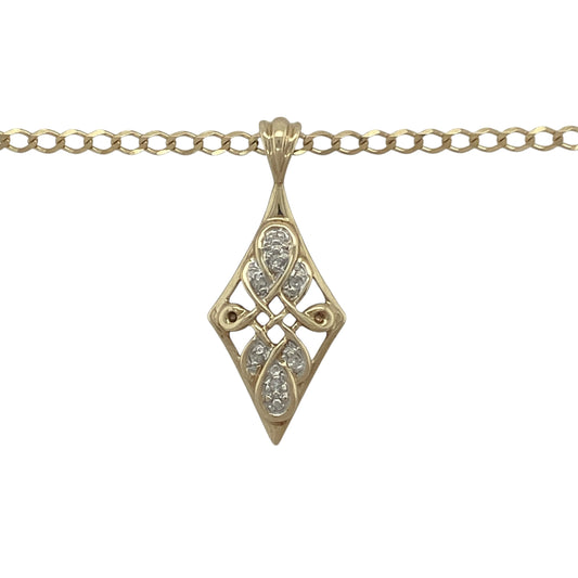 Bring symbolic elegance and timeless detail to your collection with this pre-owned 9ct yellow and white gold diamond Celtic-style pendant necklace, a meaningful design with refined sparkle.

Design: The pendant measures 3cm long including the bail and features an intricate Celtic-inspired diamond-shaped motif, accented with sparkling diamonds for added brilliance.