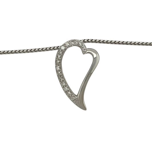 Bring romantic elegance and refined sparkle to your collection with this pre-owned 9ct white gold diamond open heart pendant necklace, a graceful design perfect for everyday wear or gifting.

Design: The pendant measures 2.3cm long and features an open heart motif accented with diamonds, creating a timeless symbol of love with added brilliance.
Material: Made from 9-carat white gold, the polished finish enhances the cool tones of the metal while complementing the sparkle of the diamonds.