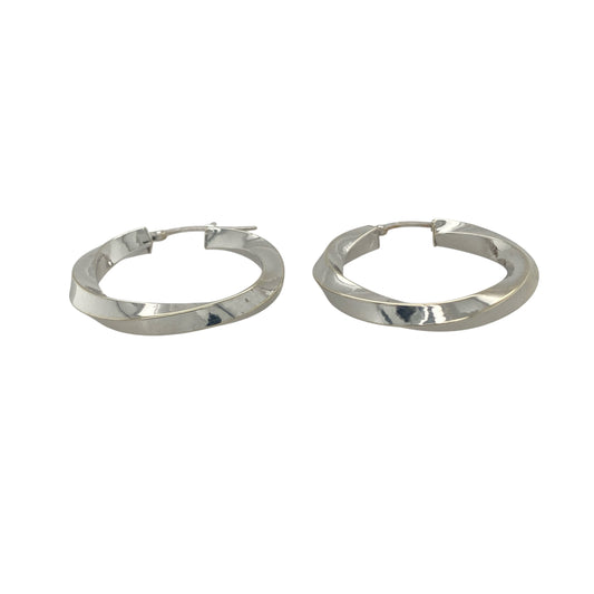 Bring sleek elegance and bright lustre to your collection with these pre-owned 9ct white gold twisted hoop creole earrings, a timeless style with a modern finish.

Design: The earrings feature a classic hoop creole form with a gentle twisted detail, creating texture and subtle light-catching appeal.
Material: Made from 9-carat white gold, the polished finish enhances the cool tone and highlights the twist design.