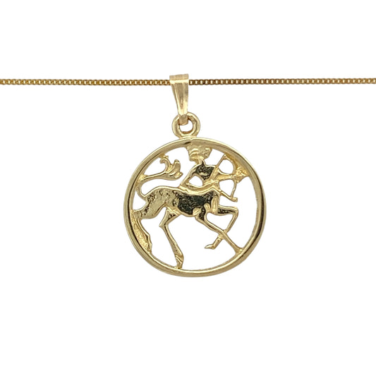 Bring personal meaning and golden elegance to your collection with this pre-owned 9ct yellow gold Sagittarius star sign pendant on an 18-inch fine curb chain, a thoughtful piece celebrating individuality and timeless style.

Design: The necklace features a round Sagittarius zodiac symbol pendant measuring 2.5cm long including the bail, suspended from a delicate curb chain for a refined finish.