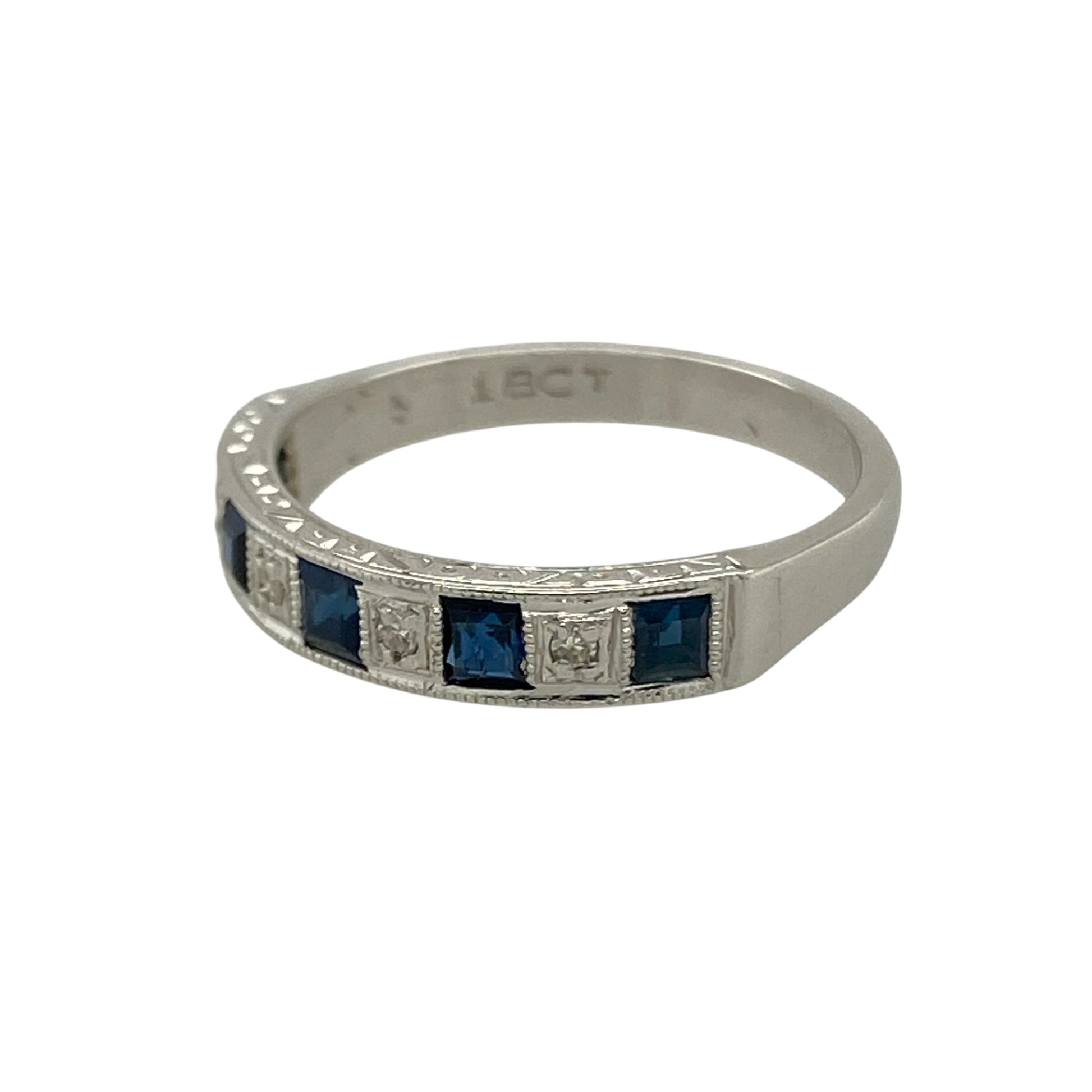 Bring timeless elegance and refined colour to your collection with this pre-owned 18ct white gold diamond and sapphire band ring—a sophisticated design perfect for both everyday wear and special occasions.

Design: The band measures 3.5mm wide at the front and is adorned with alternating diamonds and sapphires, creating a balanced and classic look.
Material: Made from 18-carat white gold, the polished finish enhances the brilliance of the diamonds and the rich blue tones of the sapphires.