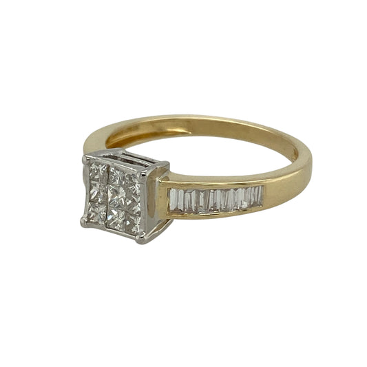 Bring brilliance and luxurious detail to your collection with this pre-owned 18ct yellow gold diamond illusion cluster ring—a striking design that combines sparkle and sophistication.

Design: The ring showcases a princess-cut multi stone illusion cluster at the centre, with diamond-set shoulders featuring baguette-cut diamonds for added elegance. The total diamond content is approximately 0.50ct, creating a bold and eye-catching presence.