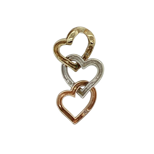 Bring romantic charm and delicate sparkle to your collection with this pre-owned 9ct yellow, rose, and white gold diamond three-heart pendant—a meaningful design symbolising love and unity.

Design: The pendant features three open hearts in yellow, rose, and white gold, accented with sparkling diamonds for added brilliance and detail.
Material: Made from 9-carat yellow, rose, and white gold with diamond accents, the polished finish enhances the warmth of the tri-colour design and the sparkle of the stones.
