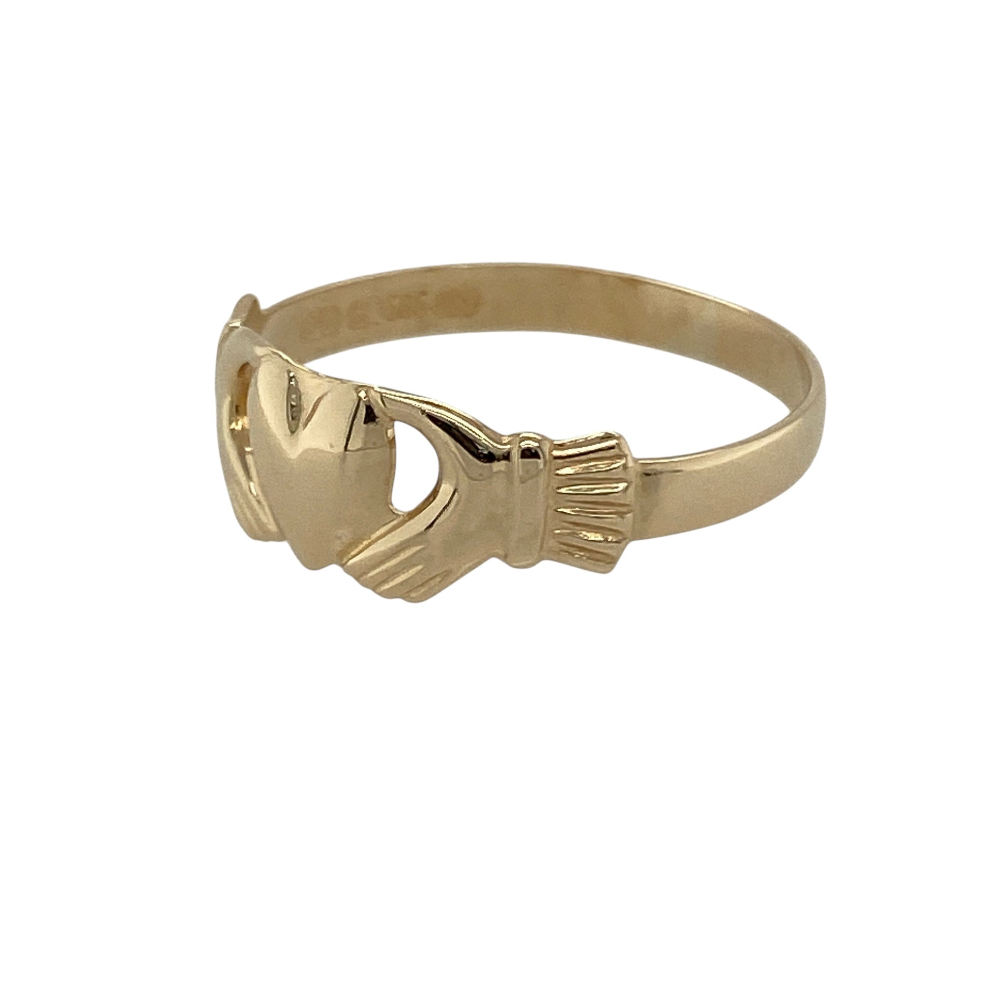 Bring symbolic charm and traditional meaning to your collection with this pre-owned 14ct yellow gold Claddagh-style ring—a timeless design representing love and friendship.

Design: The ring features a 7mm high front with the classic Claddagh motif of hands holding a heart. This version is crafted without the crown, focusing on the symbols of love and loyalty.
Material: Made from 14-carat yellow gold, the polished finish highlights the warm tones and smooth detailing of the design.