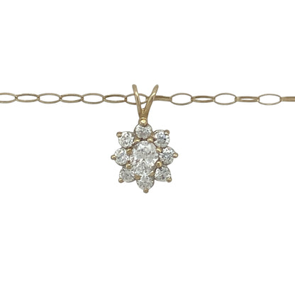 Bring delicate sparkle and timeless elegance to your collection with this pre-owned 14ct yellow gold cubic zirconia cluster pendant, paired with a 9ct gold 18-inch belcher chain for a refined finish.

Design: The pendant measures 1.5cm long including the bail and features a classic cluster design set with cubic zirconia, creating brilliance and charm.