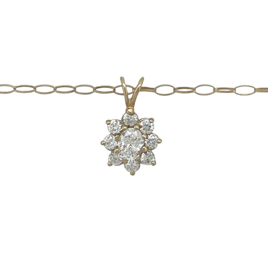 Bring delicate sparkle and timeless elegance to your collection with this pre-owned 14ct yellow gold cubic zirconia cluster pendant, paired with a 9ct gold 18-inch belcher chain for a refined finish.

Design: The pendant measures 1.5cm long including the bail and features a classic cluster design set with cubic zirconia, creating brilliance and charm.