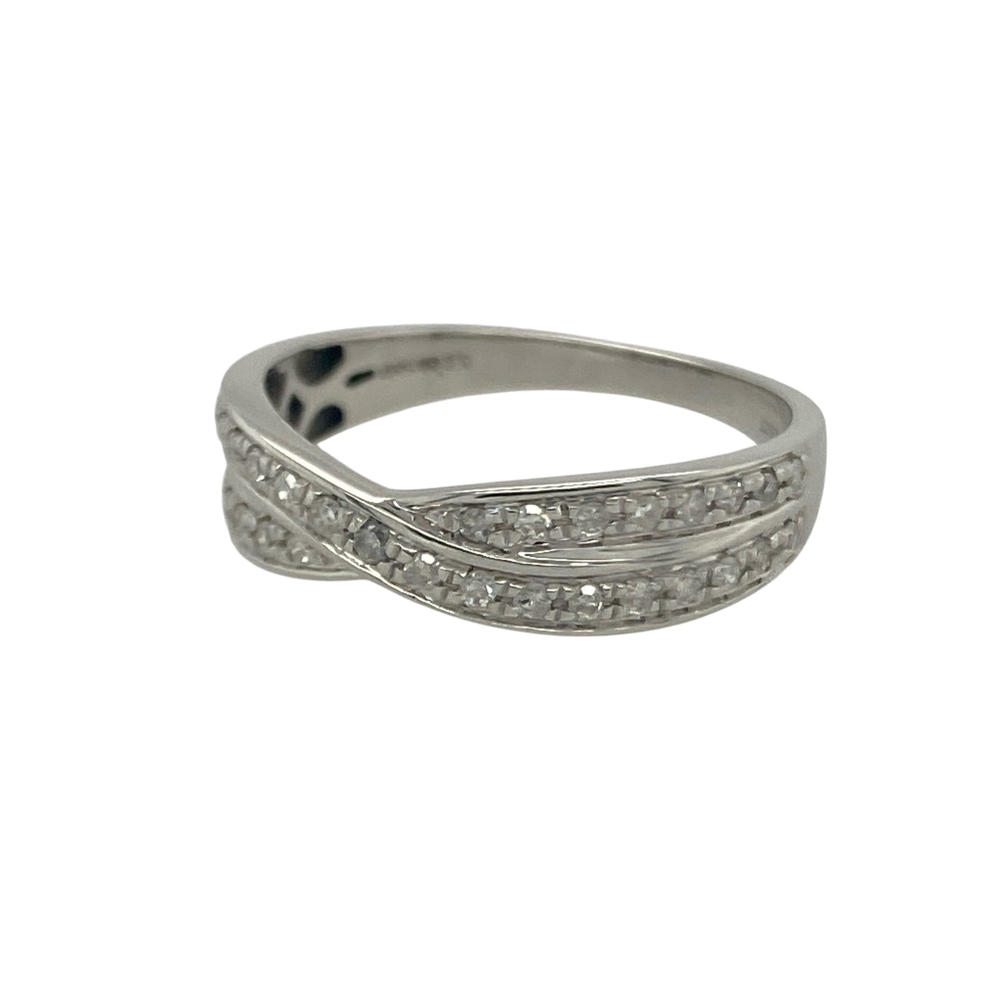 Bring modern elegance and sparkling detail to your collection with this pre-owned 18ct white gold diamond crossover band ring, a stylish design that balances sophistication with everyday wearability.

Design: The ring features an elegant crossover style band, set with approximately 0.25ct of brilliant-cut diamonds that add radiant sparkle across the design.
Material: Made from 18-carat white gold, the polished finish enhances the brilliance of the diamonds while offering a sleek, contemporary look.