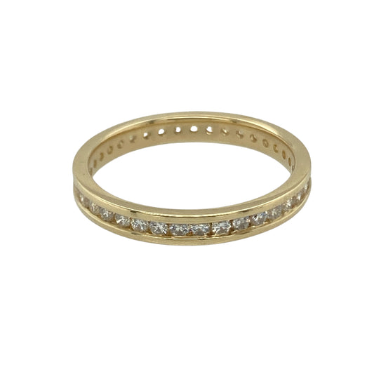 Bring timeless sparkle and lasting elegance to your collection with this pre-owned 18ct yellow gold diamond full eternity band ring, a classic design symbolising everlasting love and commitment.

Design: The ring features a 2.5mm wide band set all around with brilliant-cut diamonds, offering approximately 0.50ct of radiant sparkle.
Material: Made from 18-carat yellow gold, the polished finish provides a warm contrast that enhances the brilliance of the diamonds.