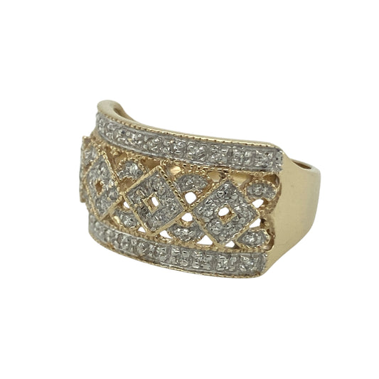 Bring bold style and sparkling detail to your collection with this pre-owned 9ct yellow gold diamond open patterned wide ring, a striking design full of character and elegance.

Design: The ring features an open patterned design across the 12mm wide front, enhanced with sparkling diamonds for an eye-catching finish.
Material: Made from 9-carat yellow gold, the polished finish complements the intricate detailing while highlighting the brilliance of the diamonds.