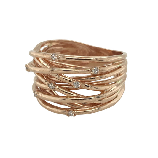 Bring bold sophistication and sparkling detail to your collection with this pre-owned 9ct rose gold diamond multi-strand wide band ring, a striking design with modern elegance.

Design: The ring features a 14mm high front with multiple strand-style bands, each accented by sparkling diamonds to create depth and brilliance.
Material: Made from 9-carat rose gold, the polished finish enhances the warm tones of the gold while highlighting the diamond accents.