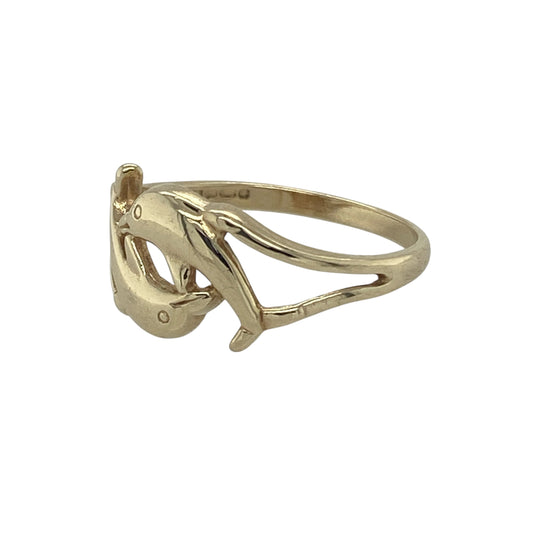 Bring playful charm and unique style to your collection with this pre-owned 9ct yellow gold dolphin ring, a delightful piece full of character.

Design: The ring features an 8mm high front styled in the shape of a dolphin, capturing a sense of movement and personality.
Material: Made from 9-carat yellow gold, the polished finish highlights the flowing design and adds warmth to the piece.