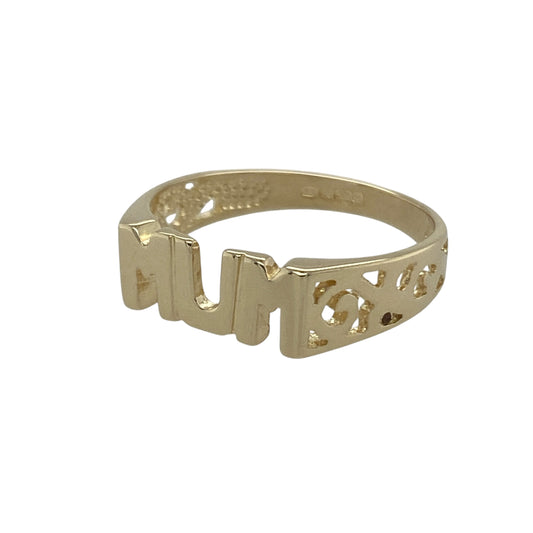 Bring sentimental charm and classic style to your collection with this pre-owned 9ct yellow gold Mum ring, a meaningful design that celebrates family and love.

Design: The ring features a 5mm high front displaying the word Mum, with open patterned shoulders that add decorative detail.
Material: Made from 9-carat yellow gold, the polished finish gives warmth and shine to this thoughtful design.
Ring Detail: Personal and symbolic, this ring is a heartfelt piece that makes a special gift or keepsake.
