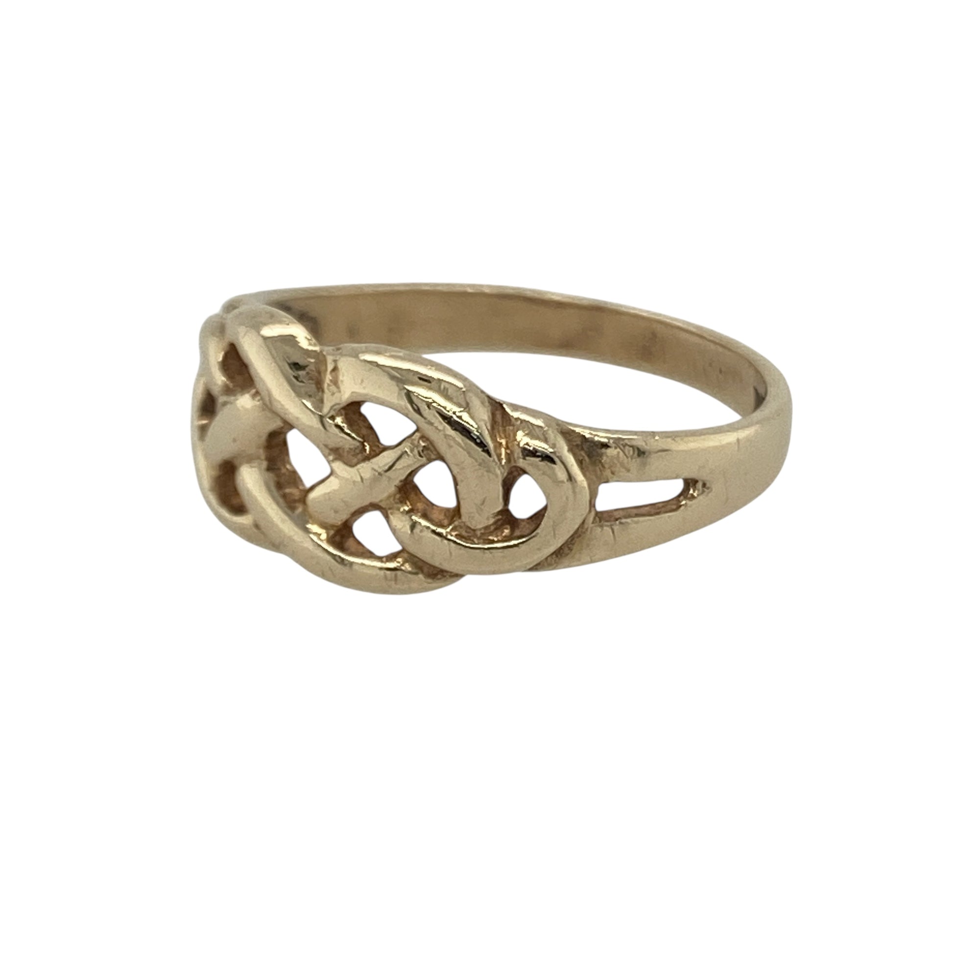 Bring symbolic style and timeless tradition to your collection with this pre-owned 9ct yellow gold Celtic knot ring, a meaningful design with classic appeal.

Design: The ring features an 8mm high front with an intricate Celtic knot pattern, representing eternity, unity, and heritage.
Material: Made from 9-carat yellow gold, the polished finish enhances the interlacing design and adds warmth to the overall look.
