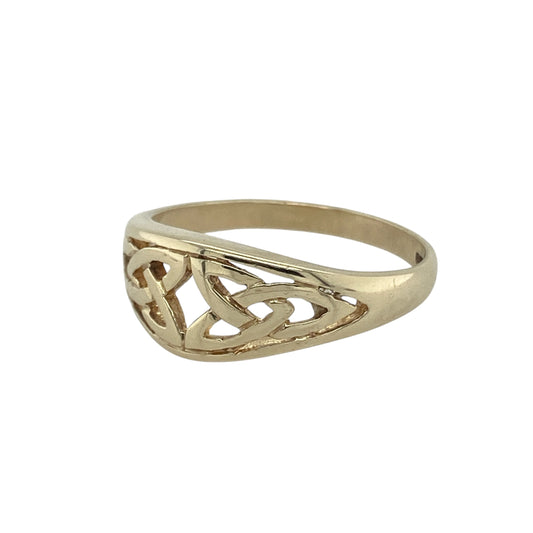 Bring tradition and timeless detail to your collection with this pre-owned 9ct yellow gold Celtic knot band ring, a meaningful design with classic character.

Design: The ring features an 8mm wide front with an intricate Celtic knot pattern, symbolising eternity, unity, and heritage.
Material: Made from 9-carat yellow gold, the polished finish highlights the interlaced design while adding warmth and shine.