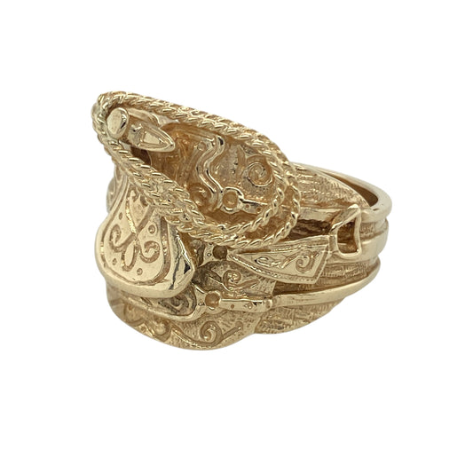 Bring bold design and commanding style to your collection with this pre-owned 9ct yellow gold saddle ring, a striking piece with strong presence.

Design: The ring features a 20mm high front in a traditional saddle shape, creating a distinctive and eye-catching statement look.
Material: Made from 9-carat yellow gold, the polished finish enhances the sweeping curves of the saddle design and adds rich warmth.