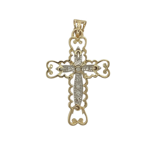 Bring radiant sparkle and elegant design to your collection with this pre-owned 9ct yellow and white gold cubic zirconia fancy cross pendant, a stylish take on a classic symbol.

Design: The pendant features a cross shape with a decorative fancy design, accented with sparkling cubic zirconia stones for added brilliance.
Material: Made from 9-carat yellow and white gold, the two-tone polished finish enhances the detailing and creates a striking contrast.