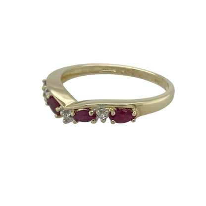 Bring vibrant colour and elegant detail to your collection with this pre-owned 9ct yellow gold diamond and ruby wishbone ring, a delicate piece with meaningful charm.

Design: The ring features a 3mm wide front in a wishbone shape, accented with rich red rubies and sparkling diamonds for a refined finish.
Material: Made from 9-carat yellow gold, the polished finish enhances the vivid tones of the rubies and the brilliance of the diamonds.