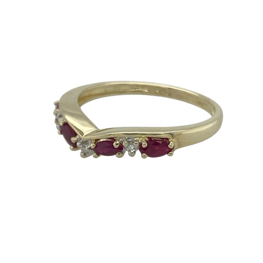 Bring vibrant colour and elegant detail to your collection with this pre-owned 9ct yellow gold diamond and ruby wishbone ring, a delicate piece with meaningful charm.

Design: The ring features a 3mm wide front in a wishbone shape, accented with rich red rubies and sparkling diamonds for a refined finish.
Material: Made from 9-carat yellow gold, the polished finish enhances the vivid tones of the rubies and the brilliance of the diamonds.
