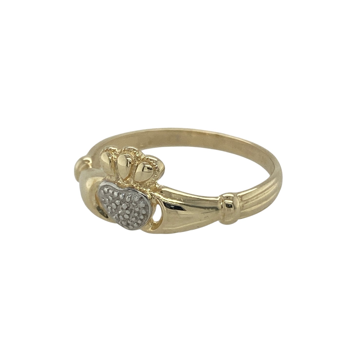 Bring symbolic meaning and timeless tradition to your collection with this pre-owned 9ct yellow and white gold diamond Claddagh ring, a classic design representing love, loyalty, and friendship.

Design: The ring features an 8mm high front in the traditional Claddagh style, with a crowned heart held by hands, accented with sparkling diamonds for added brilliance.
Material: Made from 9-carat yellow and white gold, the polished two-tone finish highlights the iconic design and adds elegant contrast.