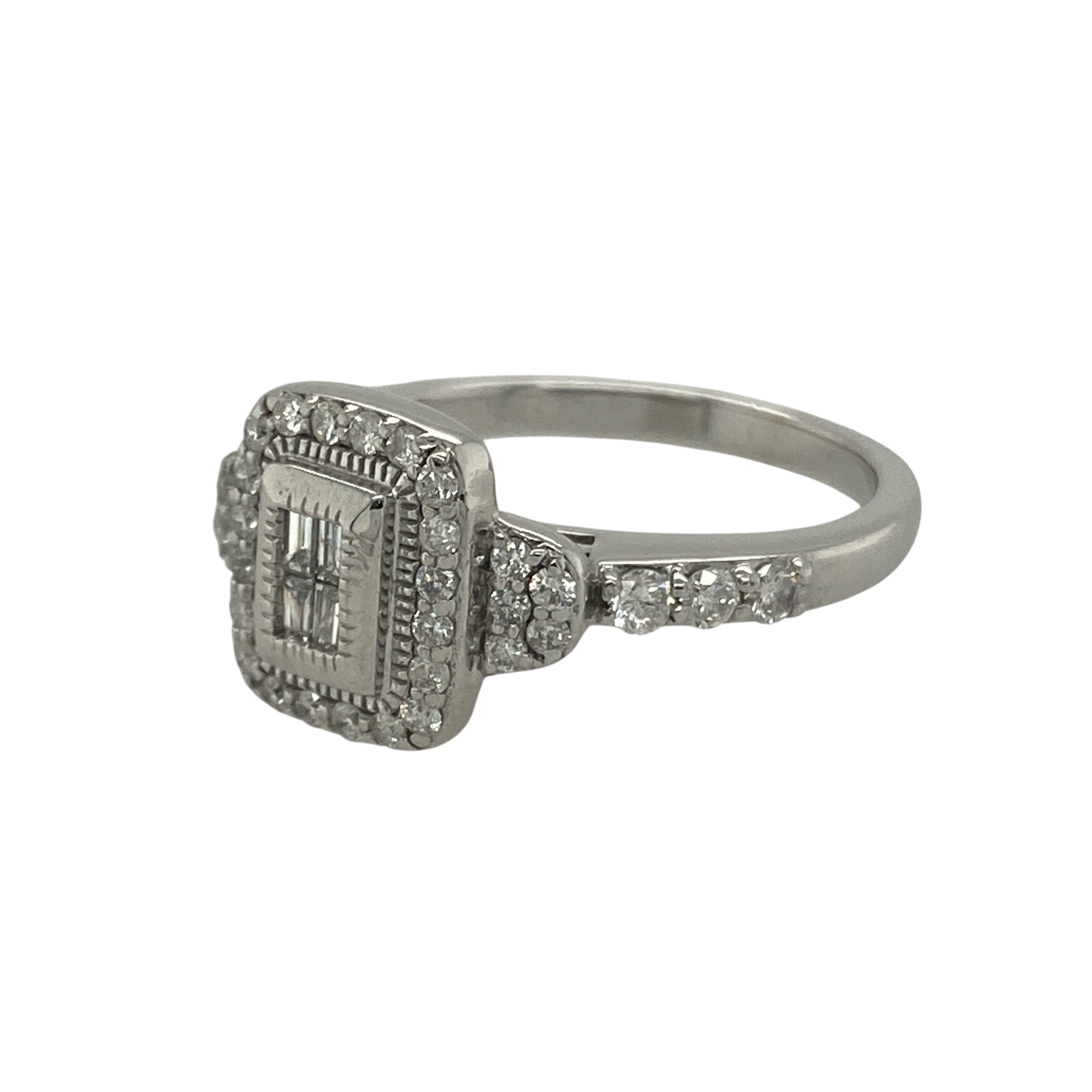Bring dazzling sparkle and elegant design to your collection with this pre-owned 14ct white gold diamond cluster halo ring, a statement piece full of brilliance.

Design: The ring features a 10mm high cluster centre made up of four baguette-cut diamonds surrounded by a halo of brilliant-cut diamonds, with additional diamonds set along the shoulders. Together the diamonds total approximately 0.41ct.