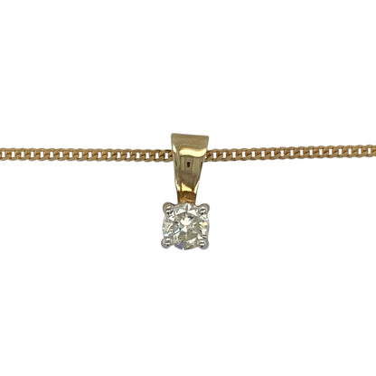 Bring timeless elegance and refined sparkle to your collection with this pre-owned 9ct yellow gold diamond solitaire pendant on a 16" curb chain, a classic design perfect for everyday wear or special occasions.

Design: The pendant measures 11mm long including the bail and features a single brilliant-cut diamond of approximately 0.33ct, with an estimated clarity of Si1 and colour K–M, creating a radiant centrepiece.
Material: Made from 9-carat yellow gold