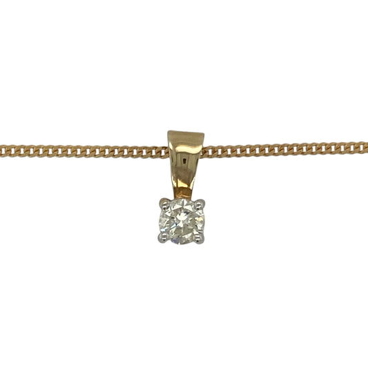 Bring timeless elegance and refined sparkle to your collection with this pre-owned 9ct yellow gold diamond solitaire pendant on a 16" curb chain, a classic design perfect for everyday wear or special occasions.

Design: The pendant measures 11mm long including the bail and features a single brilliant-cut diamond of approximately 0.33ct, with an estimated clarity of Si1 and colour K–M, creating a radiant centrepiece.
Material: Made from 9-carat yellow gold