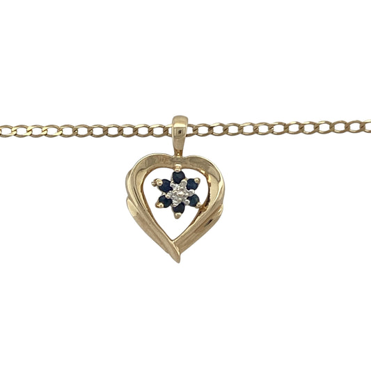 Bring romantic charm and sparkling colour to your collection with this pre-owned 9ct yellow gold diamond and sapphire open heart pendant on an 18" curb chain, a meaningful piece with timeless appeal.

Design: The pendant measures 1.9cm long including the bail and features an open heart design with a central cluster of diamonds and sapphires, adding brilliance and vibrant colour.
