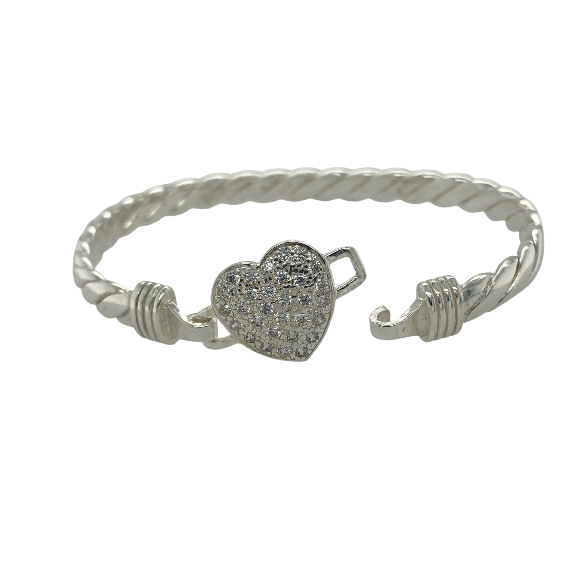 Bring elegance and romantic sparkle to your collection with this new 925 silver cubic zirconia heart bangle, a beautifully designed piece that combines sentiment with style.

Design: The bangle features a 15mm high heart motif at the front, accented with sparkling cubic zirconia stones and set on a solid twisted silver band for a distinctive and elegant look.
Material: Made from solid 925 sterling silver, the polished finish enhances the brilliance of the stones and highlights the detailed twist design.