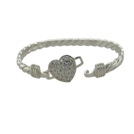 Bring elegance and romantic sparkle to your collection with this new 925 silver cubic zirconia heart bangle, a beautifully designed piece that combines sentiment with style.

Design: The bangle features a 15mm high heart motif at the front, accented with sparkling cubic zirconia stones and set on a solid twisted silver band for a distinctive and elegant look.
Material: Made from solid 925 sterling silver, the polished finish enhances the brilliance of the stones and highlights the detailed twist design.