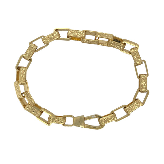 New Solid 925 Silver Heavily 9ct Gold Plated 8.5" Patterned Rectangle Link Bracelet