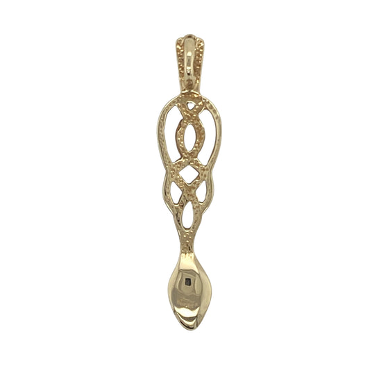 Bring charm, tradition, and heartfelt meaning to your collection with this pre-owned 9ct yellow gold Welsh Celtic design lovespoon pendant—a beautiful symbol of love and heritage.

Design: The pendant showcases a detailed Celtic-style lovespoon motif, representing affection, friendship, and commitment—a cherished symbol in Welsh culture. Its intricate openwork design adds elegance and depth to this timeless piece.
