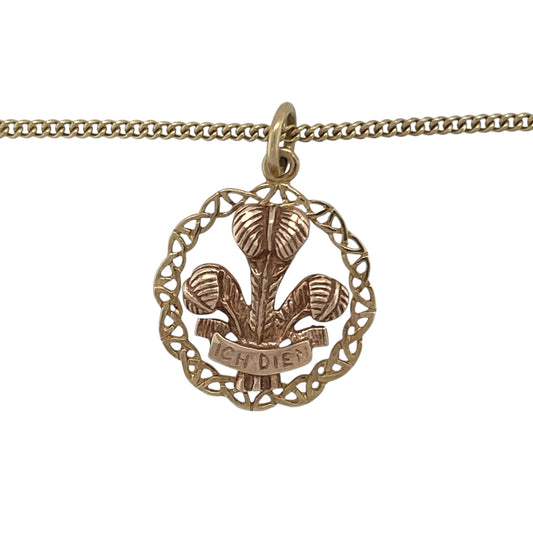 Bring elegance and heritage to your collection with this pre-owned 9ct yellow and rose gold Welsh Three Feathers pendant on an 18" curb chain necklace—a beautifully symbolic piece celebrating Welsh pride and tradition.

Design: The pendant features the iconic Welsh Three Feathers emblem, accented with touches of rose gold for added warmth and depth. The detailed design and polished finish create a refined look that captures both strength and grace.