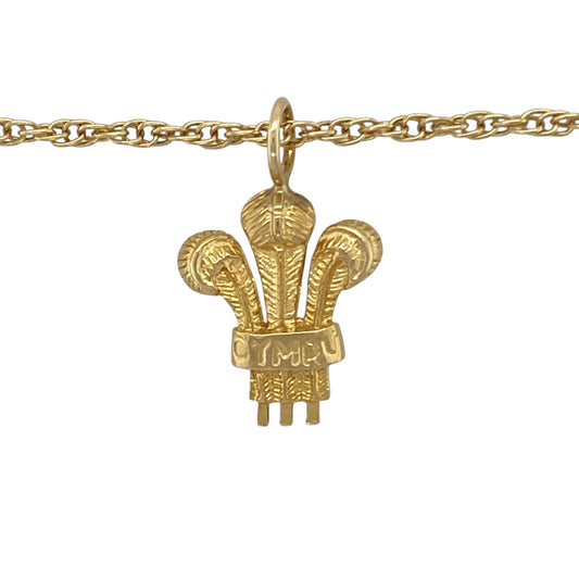 Bring elegance, heritage, and timeless meaning to your collection with this pre-owned 9ct yellow gold Welsh Three Feathers pendant on an 18" Prince of Wales chain necklace—a refined design celebrating Welsh pride and craftsmanship.

Design: The pendant features the iconic Welsh Three Feathers emblem, symbolising courage, honour, and loyalty. The detailed engraving and polished finish create a distinguished and elegant appearance.
