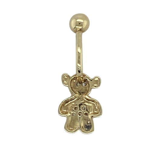 Bring playful charm and a touch of sparkle to your collection with this pre-owned 9ct yellow and white gold diamond set teddy bear belly bar—a unique and stylish piece that combines fun design with refined elegance.

Design: The belly bar features an adorable teddy bear motif crafted in yellow and white gold, with sparkling diamond accents adding a subtle touch of brilliance to the design. Its whimsical yet elegant look makes it a standout accessory.