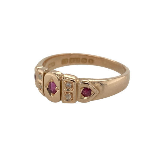 Bring history, romance, and timeless elegance to your collection with this pre-owned 15ct rose gold diamond and ruby vintage style ring—a beautifully preserved piece dating back to 1901.

Design: The ring features a vintage-style arrangement of alternating rubies and diamonds across the front, creating a graceful display of rich colour and subtle sparkle. The classic design reflects early 20th-century craftsmanship and enduring sophistication.