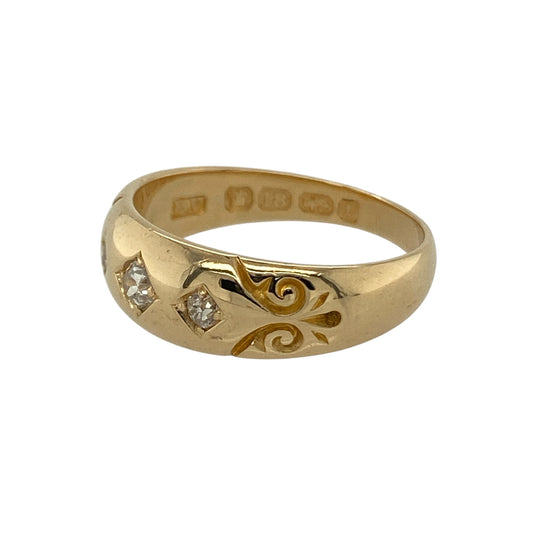 Bring antique charm and timeless elegance to your collection with this pre-owned 18ct yellow gold three-diamond Victorian-style gypsy ring—a beautifully detailed piece inspired by classic 19th-century design.

Design: The ring features three sparkling diamonds set flush into the band in a traditional gypsy style, giving a smooth and refined finish. The trio of diamonds symbolises the past, present, and future, while the antique-inspired detailing reflects Victorian craftsmanship and sophistication.