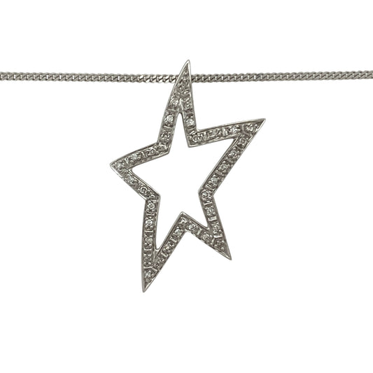 Bring sparkle, charm, and celestial elegance to your collection with this pre-owned 9ct white gold diamond open star pendant on an 18" curb chain necklace—a radiant piece that captures timeless beauty with a modern touch.

Design: The pendant features an open star design adorned with shimmering diamonds that add brilliance and depth to its elegant form. Measuring approximately 3.2cm long, the star creates a bold yet refined statement full of light and movement.
