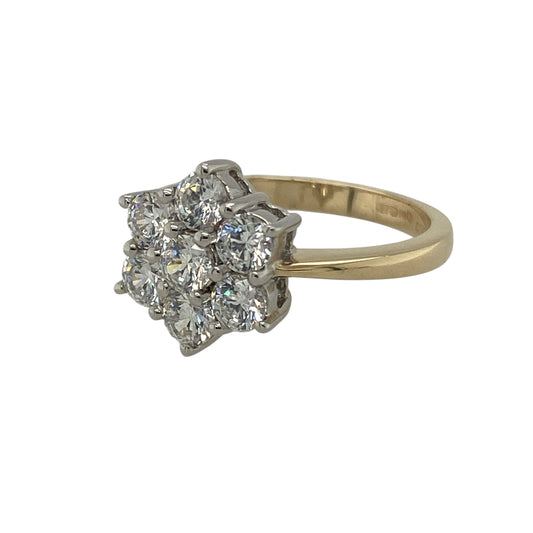 Bring sparkle, charm, and timeless elegance to your collection with this pre-owned 14ct yellow gold cubic zirconia flower cluster ring—a beautifully radiant piece that captures the essence of classic design.

Design: The ring features a dazzling flower-shaped cluster of brilliant-cut cubic zirconia stones, arranged to create a captivating bloom of light and sparkle. The front of the ring stands 11mm high, offering a bold yet graceful presence on the hand.