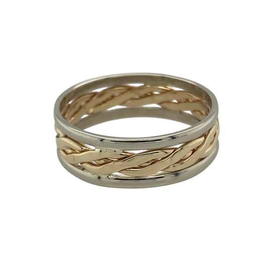 Bring heritage and timeless craftsmanship to your collection with this pre-owned 9ct yellow and white gold open weave Celtic band ring—a beautifully symbolic piece inspired by tradition and unity.

Design: The ring features an intricate open weave Celtic pattern, intertwining yellow and white gold strands that represent eternal love, strength, and connection. The detailed design gives the piece texture and depth while maintaining a refined elegance.