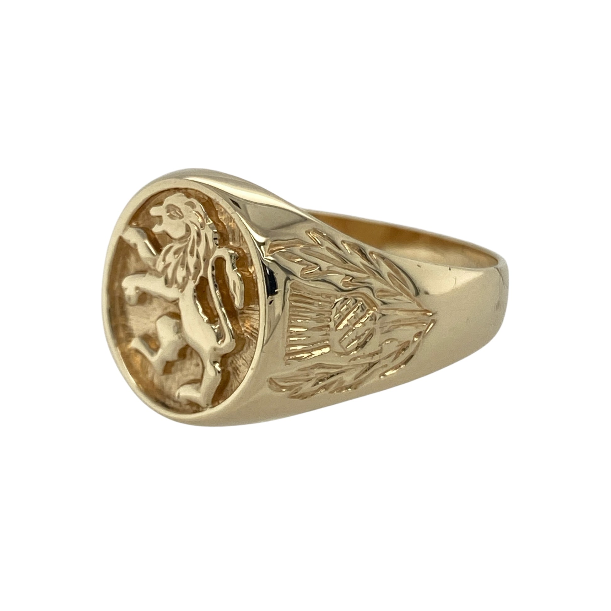 Bring strength, heritage, and bold elegance to your collection with this pre-owned 9ct yellow gold oval lion signet ring—a striking design that combines traditional symbolism with refined craftsmanship.

Design: The ring features an engraved lion motif on the oval-shaped front, symbolising courage and nobility. The detailed thistle engravings on the shoulders add a touch of Scottish heritage and intricate charm. Measuring 15mm high at the front, the ring makes a powerful and distinguished statement.