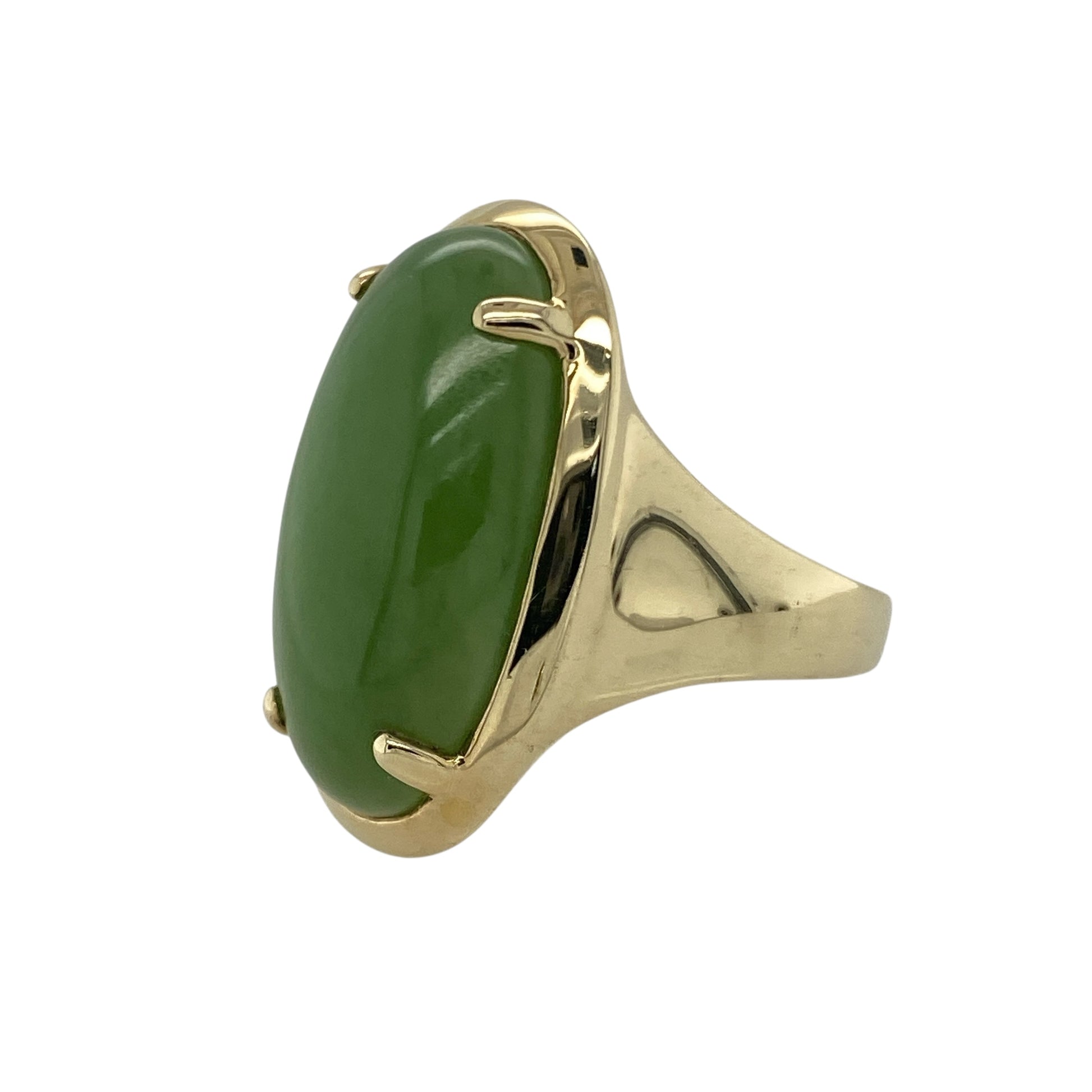 Bring serene beauty and timeless elegance to your collection with this pre-owned 9ct yellow gold and jade dress ring, combining refined design with natural gemstone charm—perfect for statement wear or sophisticated everyday style.

Design: The ring features an oval jade stone measuring 22mm by 11mm, displaying soft green tones and a smooth, polished finish that catches the light with subtle grace.