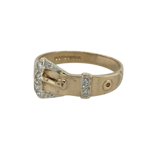 Bring unique charm and vintage-inspired sparkle to your collection with this pre-owned 9ct yellow gold cubic zirconia buckle ring, combining classic symbolism with elegant detail—perfect for both statement style and everyday sophistication.

Design: The ring features a distinctive buckle motif, measuring 9mm high at the front, adorned with sparkling cubic zirconias that add brilliance and texture to the design.