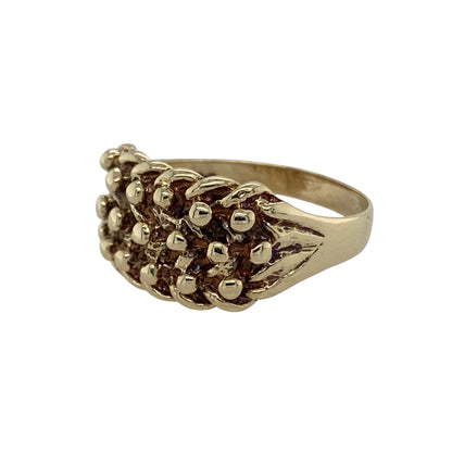 Bring bold texture and timeless design to your collection with this pre-owned 9ct yellow gold three-row keeper ring, combining classic craftsmanship with enduring style—perfect for everyday wear or a statement look.

Design: The ring features a traditional three-row keeper design across the front, measuring 10mm high, offering a distinctive woven appearance that symbolises strength and unity.