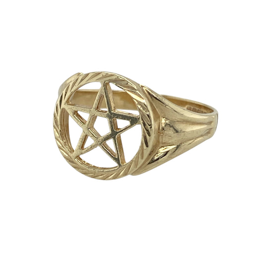 Bring striking symbolism and bold style to your collection with this pre-owned 9ct yellow gold open pentagram star signet ring, combining contemporary design with timeless mystique—perfect for statement wear or distinctive everyday style.

Design: The ring features an open pentagram star design across the front, measuring 13mm high, creating a detailed and eye-catching focal point with an airy, balanced structure.