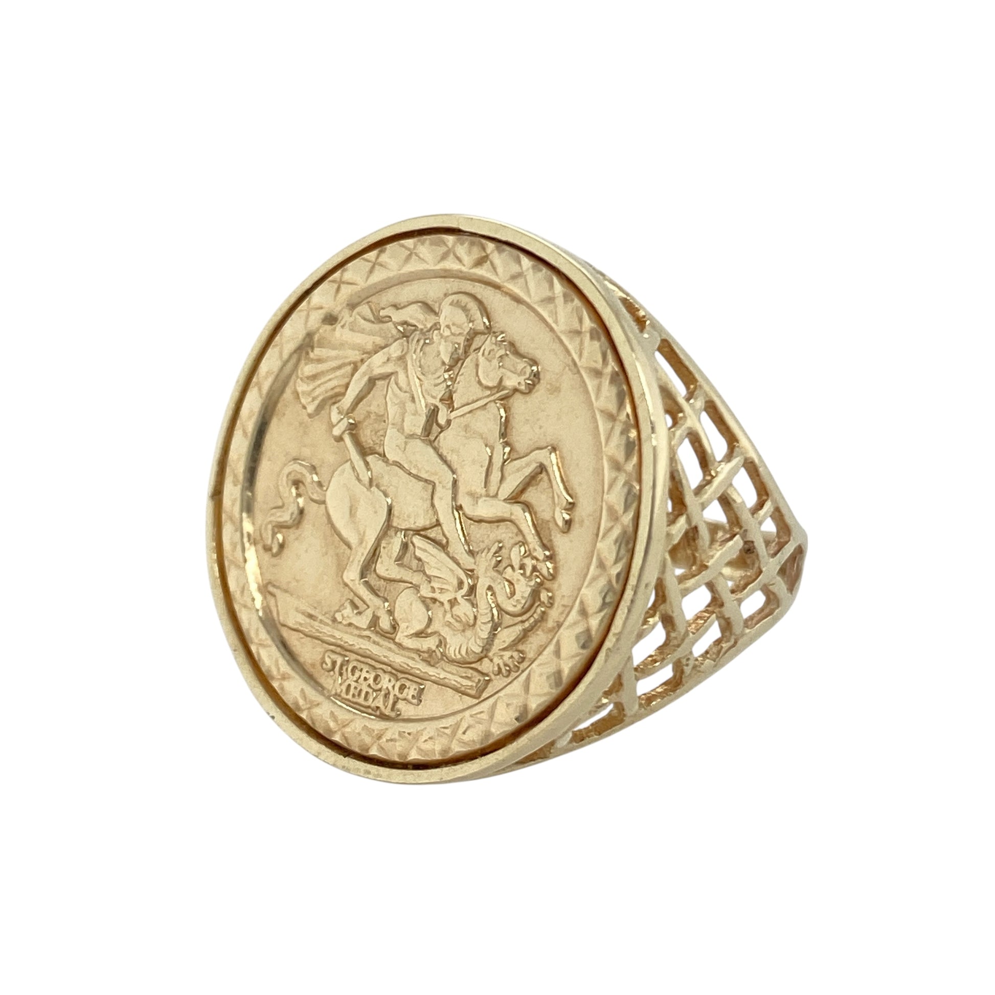 Bring heroic detail and timeless style to your collection with this pre-owned 9ct yellow gold George and the Dragon signet ring, combining classic craftsmanship with bold design—perfect for statement wear or meaningful everyday elegance.

Design: The ring features a detailed depiction of Saint George and the Dragon across the front, measuring 21mm high, with open basket-style shoulders that add depth and lightness to the design.