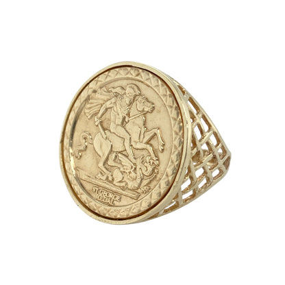 Bring heroic detail and timeless style to your collection with this pre-owned 9ct yellow gold George and the Dragon signet ring, combining classic craftsmanship with bold design—perfect for statement wear or meaningful everyday elegance.

Design: The ring features a detailed depiction of Saint George and the Dragon across the front, measuring 21mm high, with open basket-style shoulders that add depth and lightness to the design.