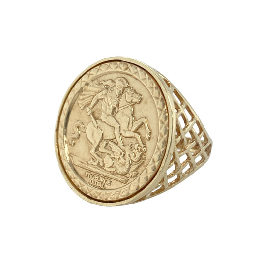 Bring heroic detail and timeless style to your collection with this pre-owned 9ct yellow gold George and the Dragon signet ring, combining classic craftsmanship with bold design—perfect for statement wear or meaningful everyday elegance.

Design: The ring features a detailed depiction of Saint George and the Dragon across the front, measuring 21mm high, with open basket-style shoulders that add depth and lightness to the design.