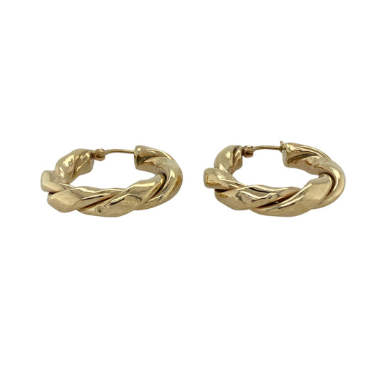 Bring bold elegance and timeless shine to your collection with these pre-owned 9ct yellow gold twisted hoop creole earrings, combining classic sophistication with a statement finish—perfect for both everyday wear and special occasions.

Design: The earrings feature a substantial twisted hoop creole design that beautifully catches the light, creating a striking balance of texture and polish.