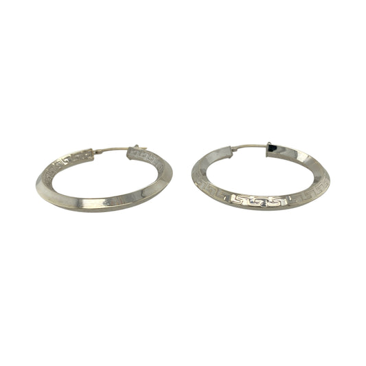 Bring contemporary elegance and classic detail to your collection with these pre-owned 9ct white gold Greek key patterned hoop creole earrings, combining timeless design with a modern polished finish—perfect for both everyday wear and special occasions.

Design: The earrings feature a stylish Greek key pattern along the front, adding depth and sophistication to the traditional creole hoop style.