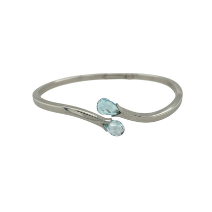9ct White Gold & Aqua Stone Wrap Over Torque Cuff Style Bangle